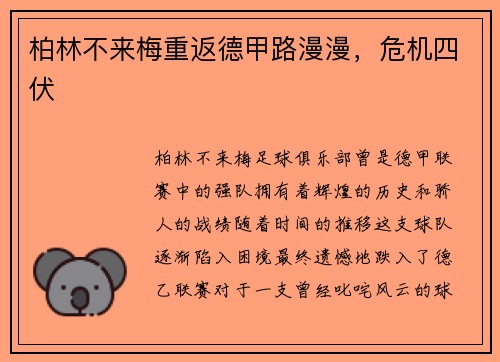 柏林不来梅重返德甲路漫漫，危机四伏