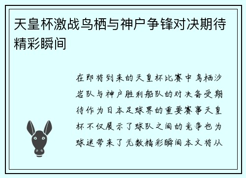 天皇杯激战鸟栖与神户争锋对决期待精彩瞬间